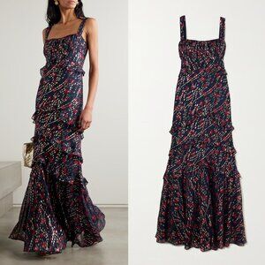 Saloni Chandra Ruffled Ruched Metallic Maxi Dress in Midnight Blue 12